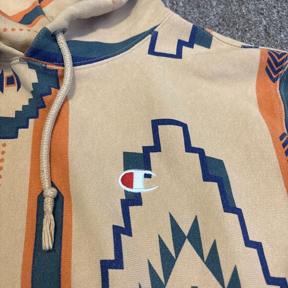 Champon Reverse Weave Aztec Print Sweatshirt Hoodie Desert Khaki Men's Medium M - Picture 7 of 9